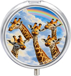Giraffe Rainbow Pattern Pill Box, Small Pill Organizer with 3 Compartments and Mirror, Fun Round Portable Travel Metal Pill Case