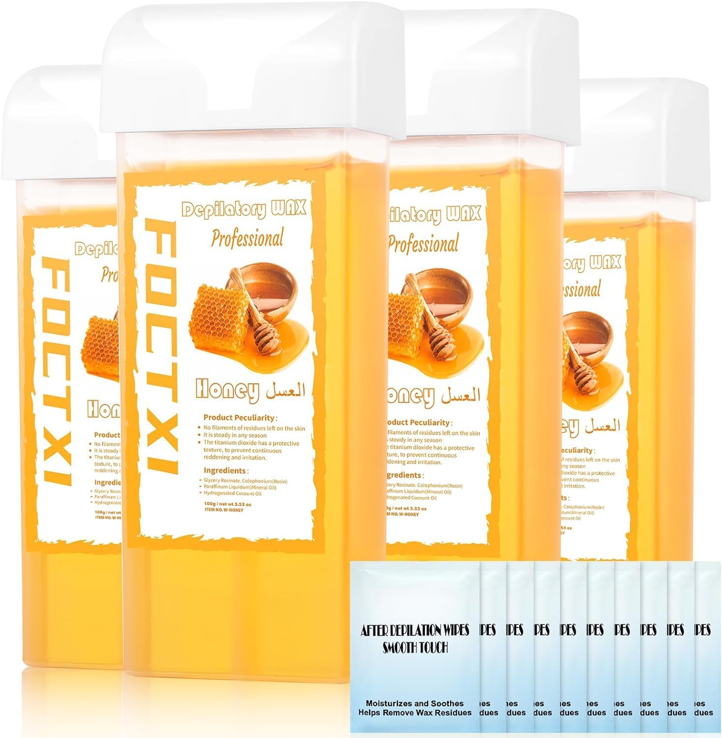 Wax Roller Kit Ｗax Cartridge, Roll On Wax for Hair Removal, Roll on Ｗax, 4 Honey Hair Removal Ｗax Cartridge and 10 Pack Cleaning Oil Wipes for Women