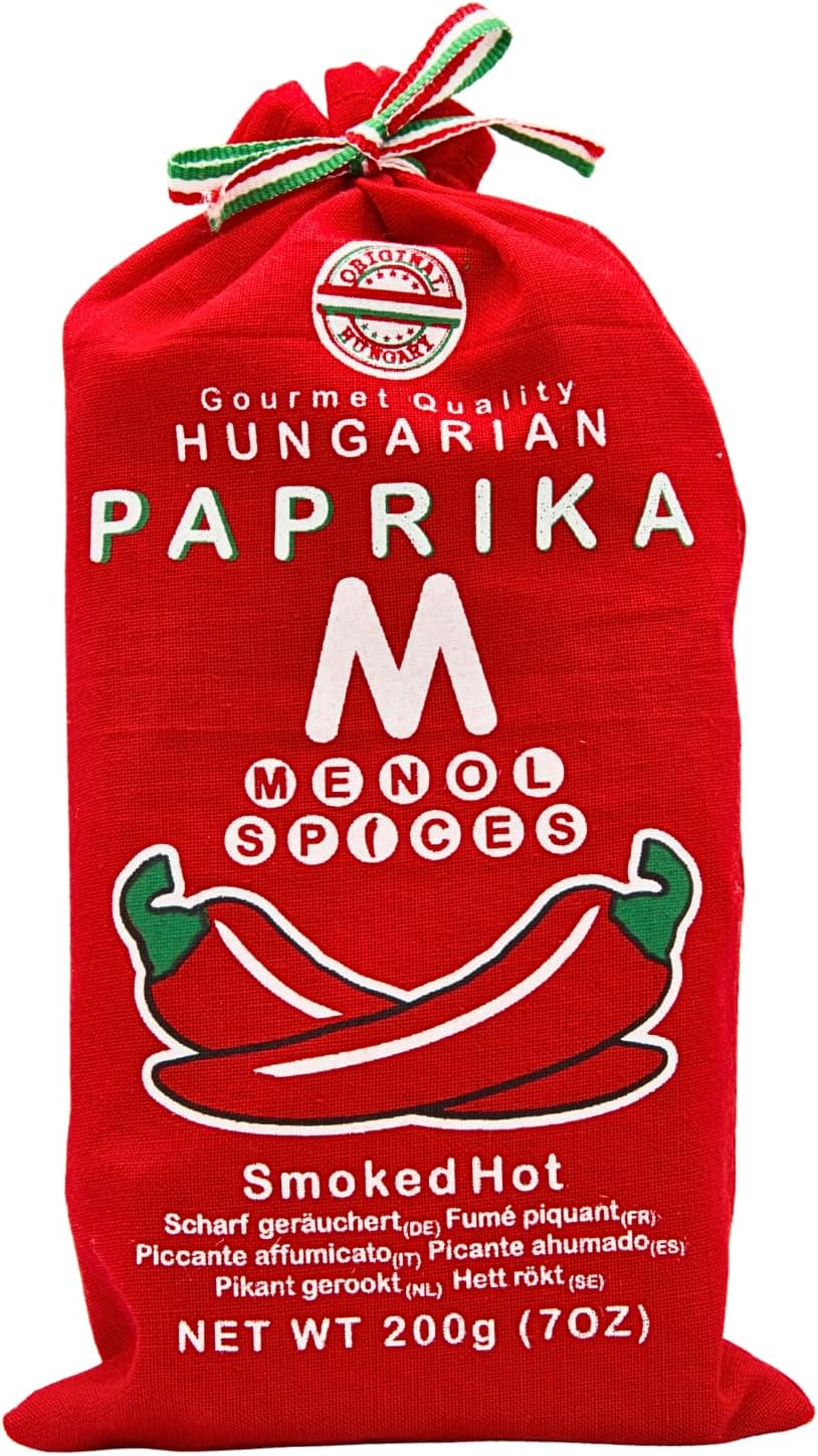 Menol Spices Authentic Hungarian Smoked Paprika Powder (Smoked Hot, 7oz / 200g) Gourmet Quality, Produced in region of Szeged, Hungary, Incredible Flavor, Freshly ground