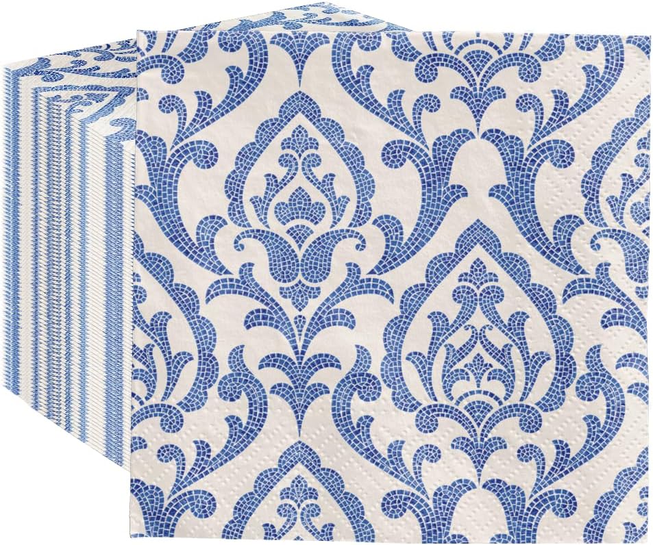 PAW - 100 Pack Blue Cocktail Napkins 5'' x 5'', Disposable Beverage Napkins with Portuguese Tiles Motive, Paper Towels for Wedding, Birthday, Bridal Party, Decoupage, Decorative Supplies
