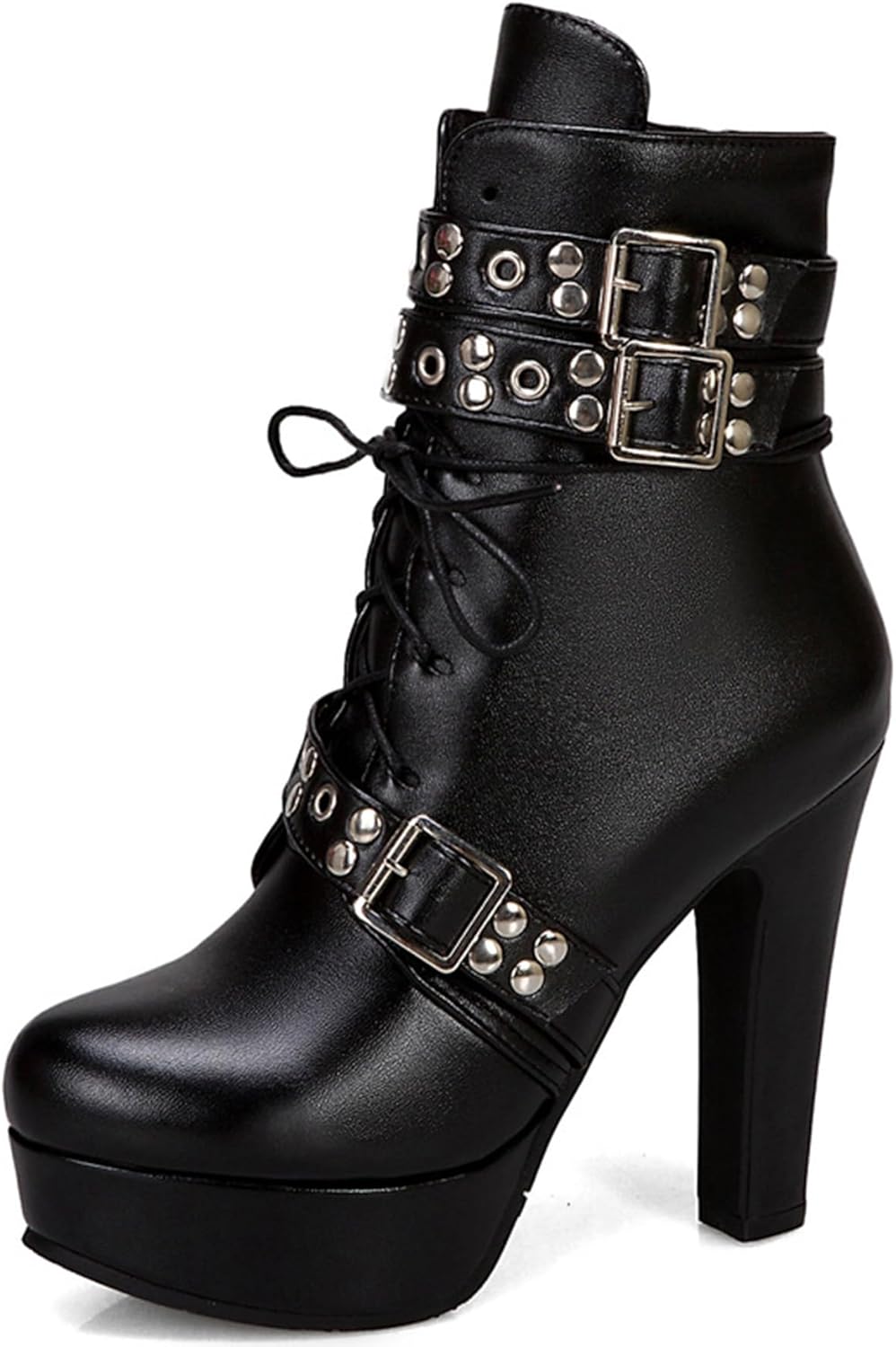 Women Studded Belt Buckle Chunky High Heel Ankle Boots Sexy Round Toe Lace-up Punk Combat Warm Platform Gothic Knight Mid Calf Booties
