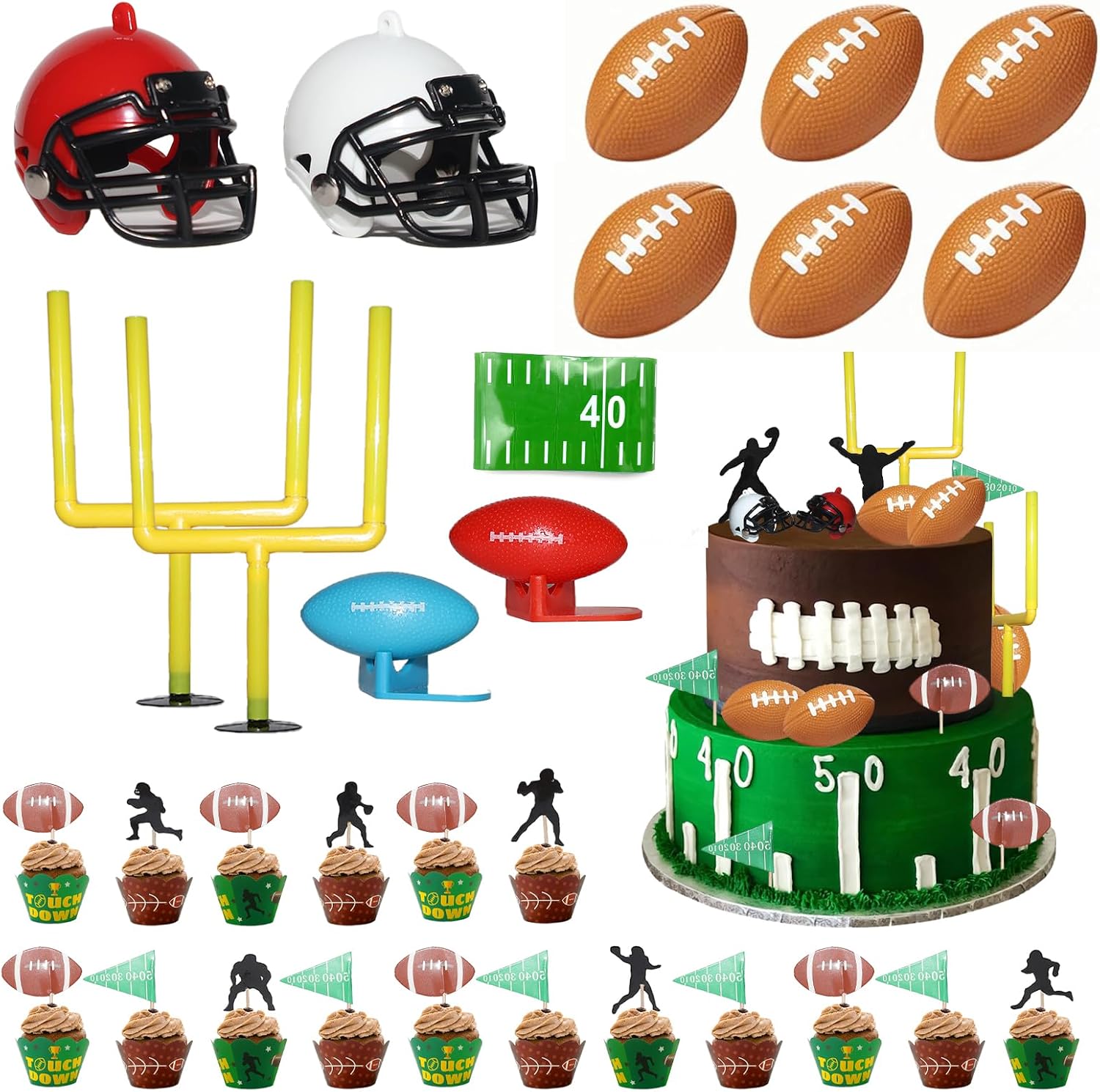 BiBo Football Cake Topper Decorations, 36 PCS Football Themed Cupcake Toppers Include Field Goal Post/Mini Helmet and Rugby Ball/Toothpicks for Football Birthday Party Supplies.