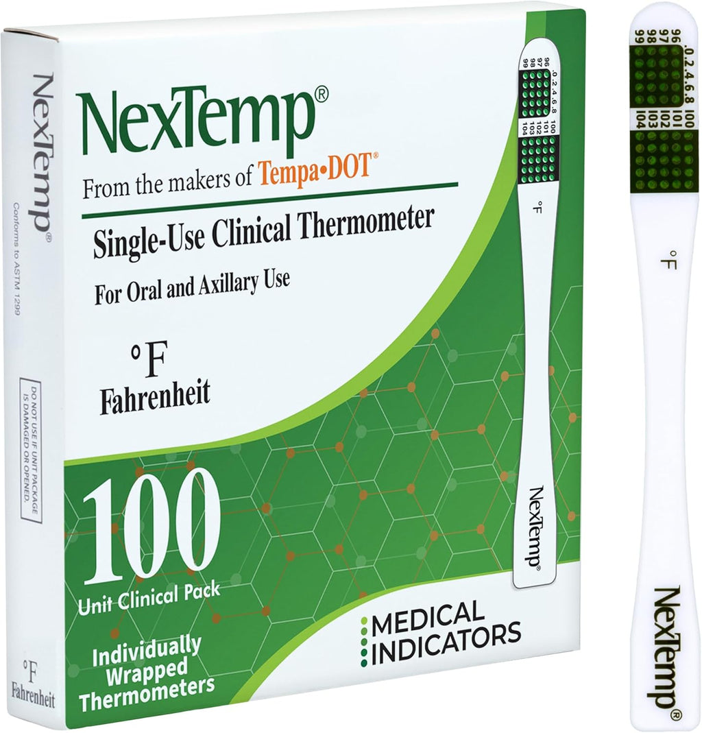NEXTEMP Single-Use Thermometers - Individually Wrapped Disposable First Aid Supplies, High-Accuracy for Work, School, Home, Travel, and Healthcare Use, Fahrenheit, 100-Pack