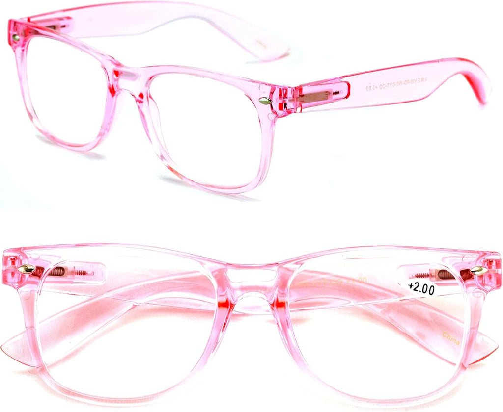 2 Pairs Transparent Neon Color Deluxe Reading Glasses - Comfortable Stylish Simple Readers Magnification