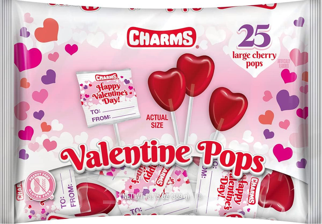 Charms Cherry Valentine Pops 25 count Bag - 2 Pack Total 50 Lollipops Cherry Heart Shape with Valentine's Wrappers