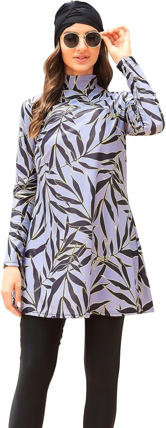 Muslim Swimsuits for Women Printed 3 Pieces Fully Covered Swimwear Burkini Detachable Hijab