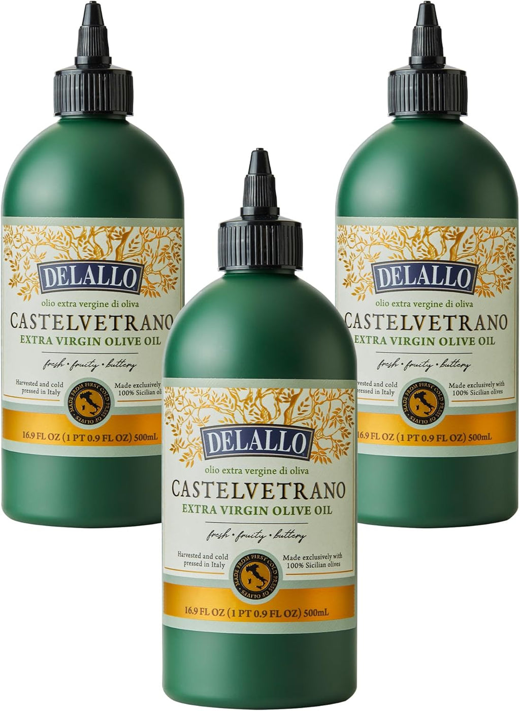 DeLallo, Castelvetrano Extra Virgin Olive Oil, 16.9 Ounce Squeeze Bottle, (3 Pack), Made in Italy, Made with 100% Sicilian Olives, For Cooking and Drizzling, All Natural, Non-GMO