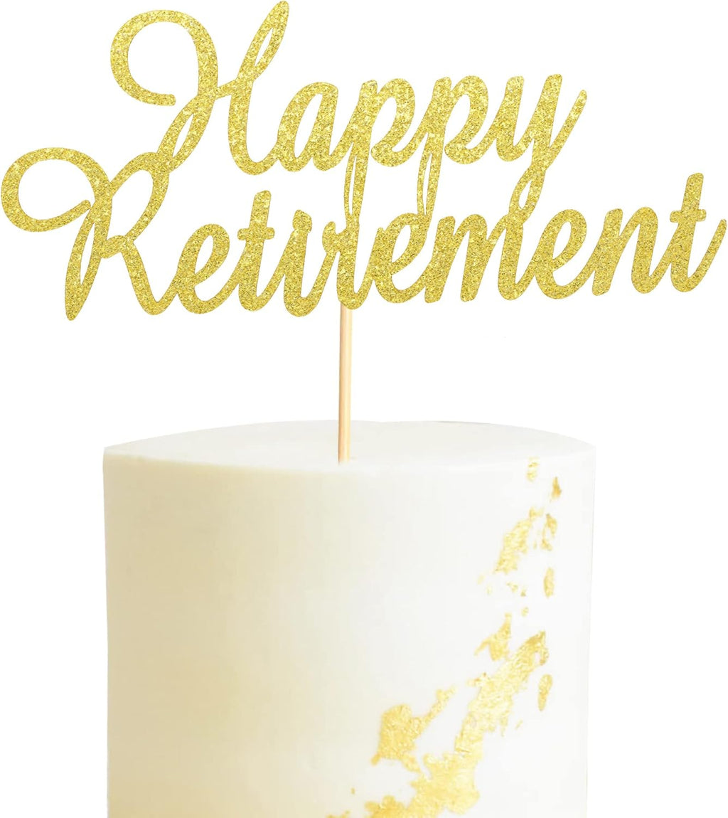 Happy Retirement Cake Topper Retired Cake Pick Retirement Theme Birthday Party Cake Decorations Supplies - Gold Glitter
