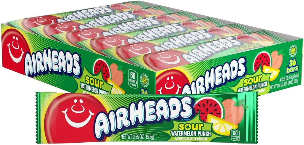 Airheads Sour Full-Size Candy Bars, Taffy, Sour Watermelon Punch, Individually Wrapped Candy, 36 Count
