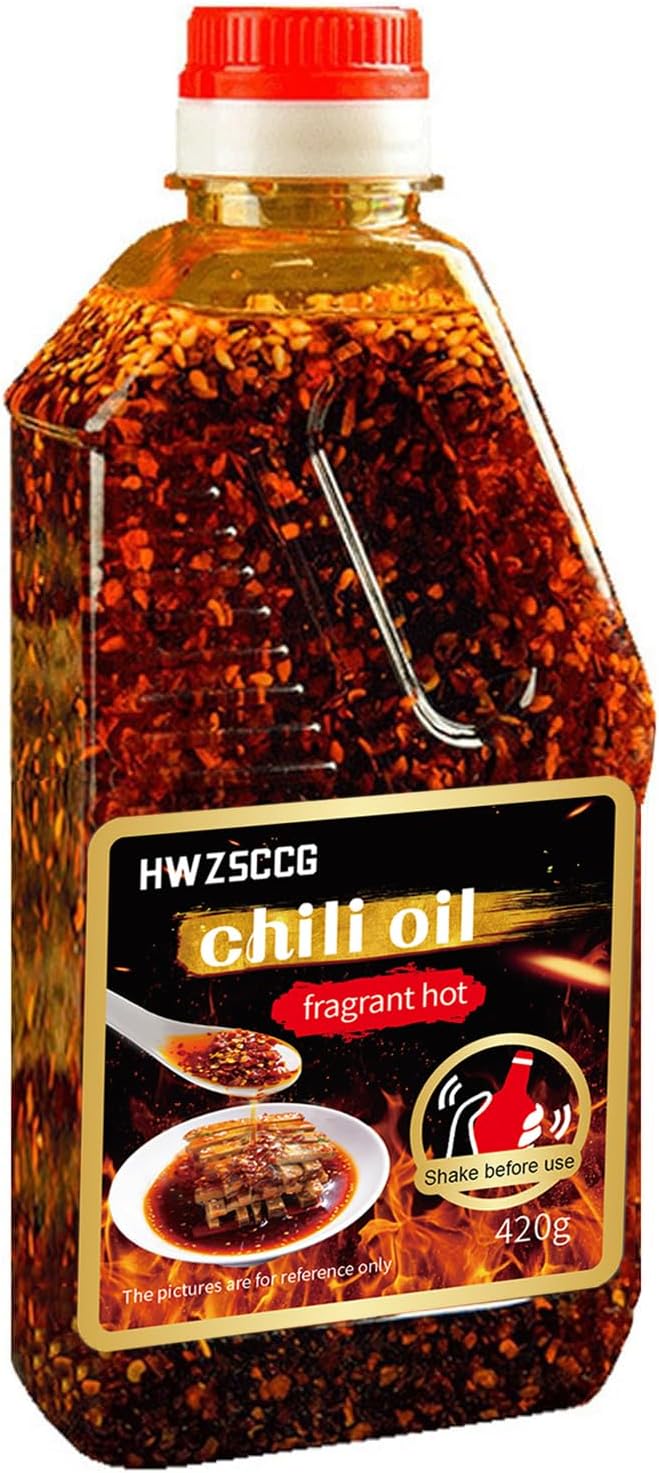 Chili oil, hot sesame oil, spicy chili oil, Chinese pepper oil noodle cooking, 16 ounce bottle with crispy chili chips, crispy fried chili skin, crispy/vegan/everything is good (fragrant hot)