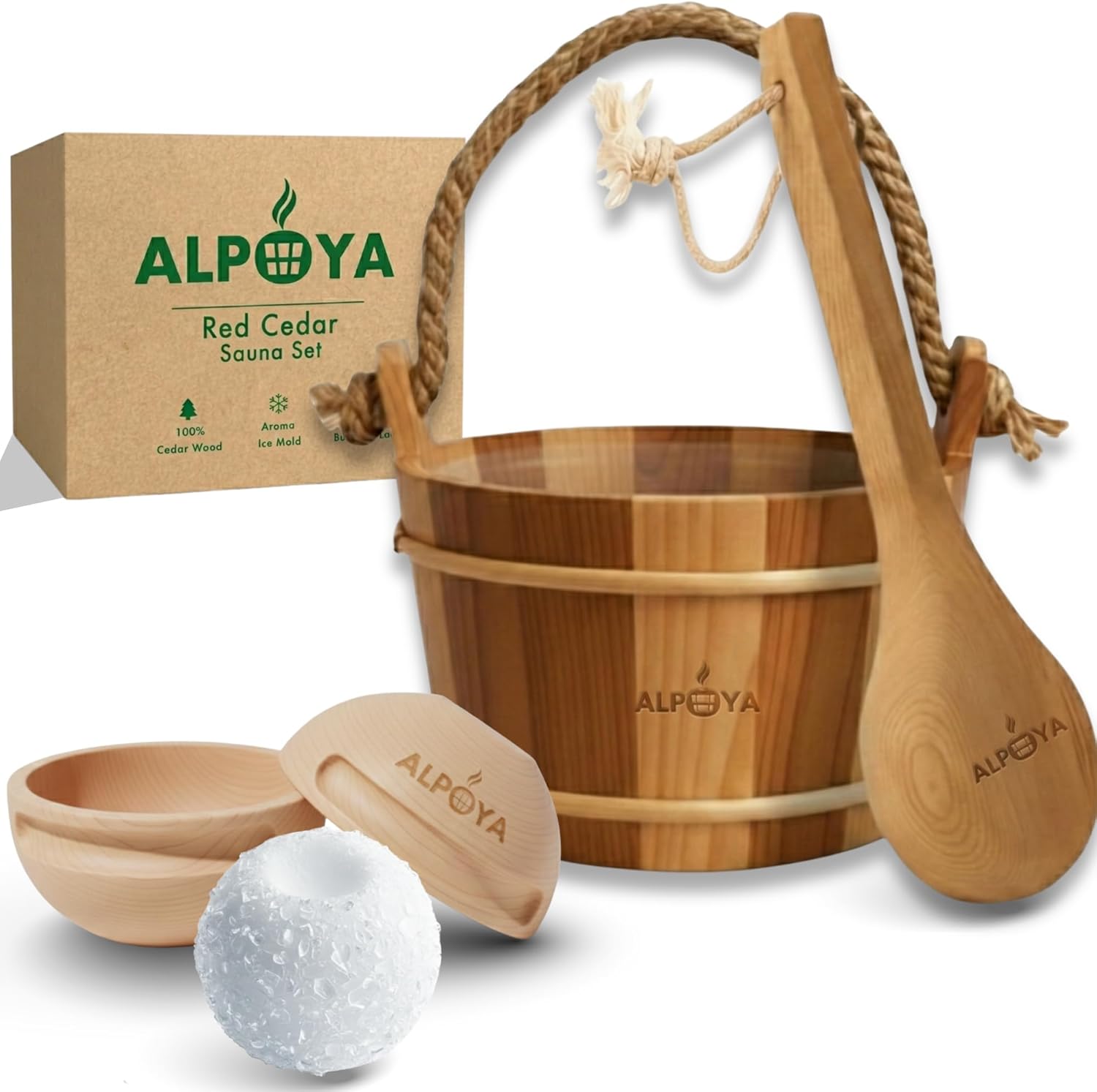ALPOYA® Cedar Sauna Bucket and Ladle Set with Aromatic Ice Mold, Handmade from Canadian Red Cedar Sauna Bucket, 1 Gallon (4L) Wooden Sauna Water Bucket with Handle, Traditional Sauna Accessories