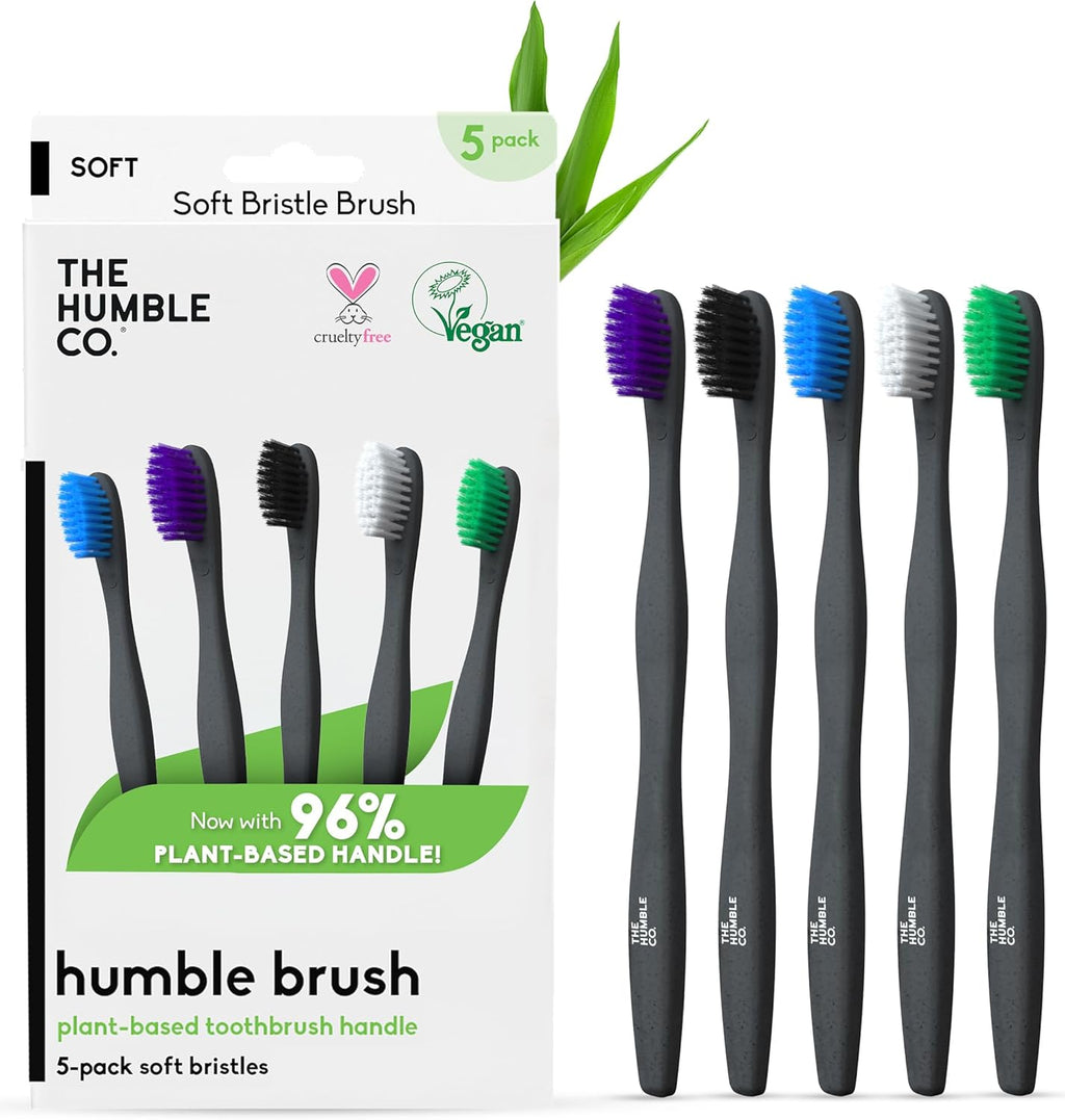 The Humble Co Plant-Based Soft Bristle Toothbrushes, 5 Pack - Manual Tooth Brush Set for Adults - Made with Plant Based Materials & BPA-Free Bristles - Dental Oral Care & Hygiene