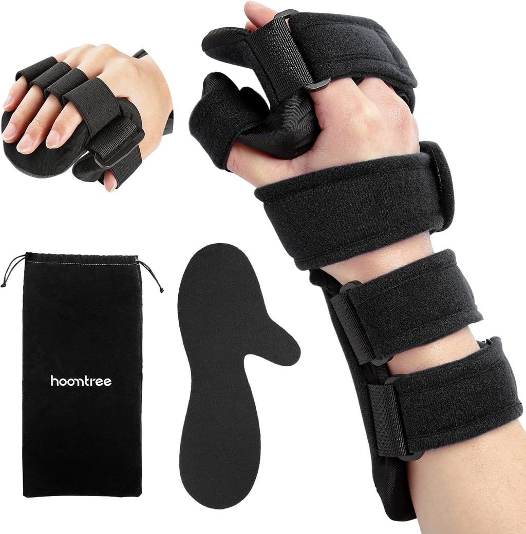 Stroke Resting Hand Splint Right&Left Resting Hand Splint with Finger Separator Functional Night Immobilizer Wrist Finger Brace for Carpel Tunnel Pain,Sprain Fracture,Tendonitis (Right,Black)