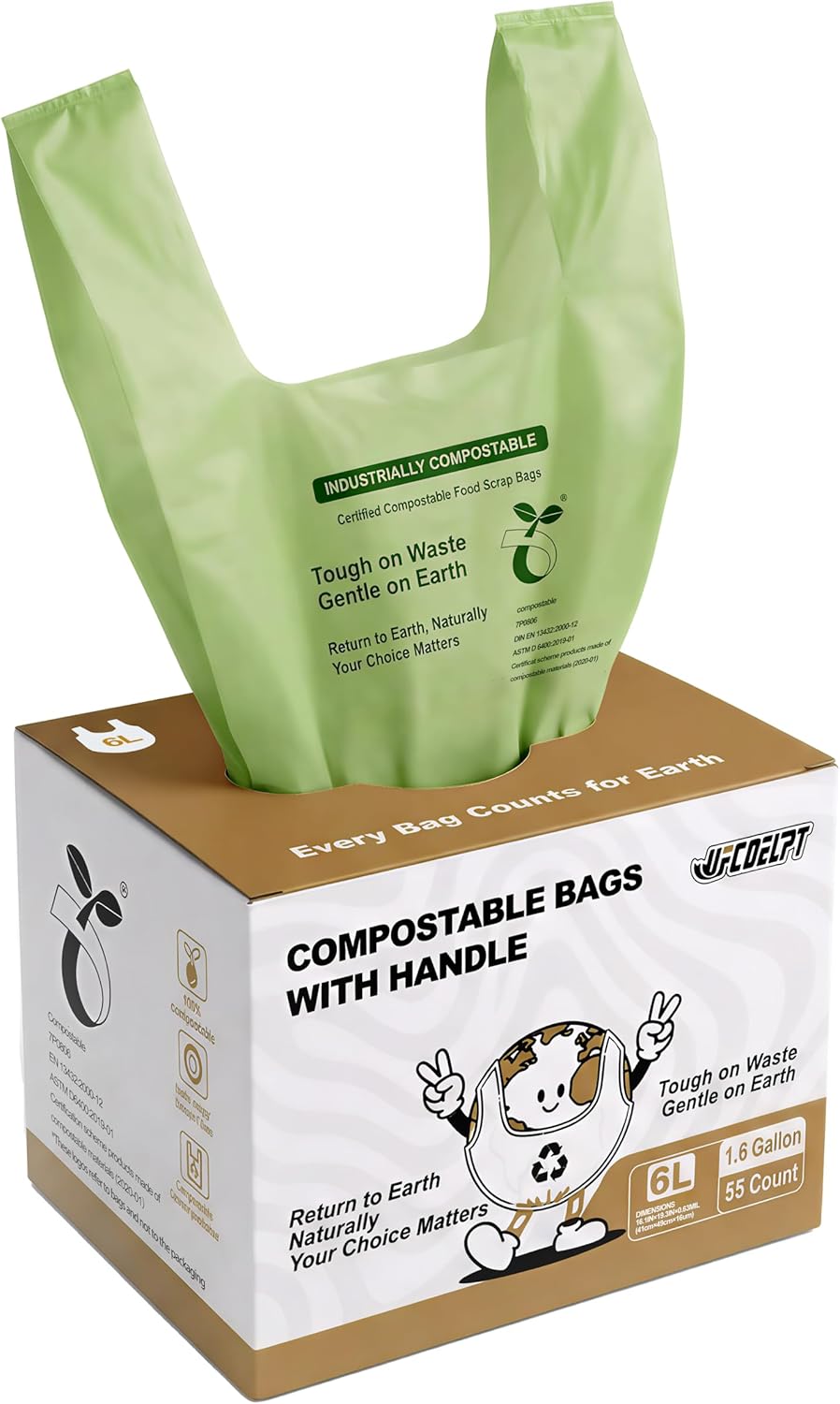 1.6 Gallon Compostable Trash Bags with Handles, 55 Count - Small Biodegradable Countertop Compost Bin Liners, 6 Liter Extra Small Bio Bags for Kitchen Food Waste & Bathroom, 0.63 Mil