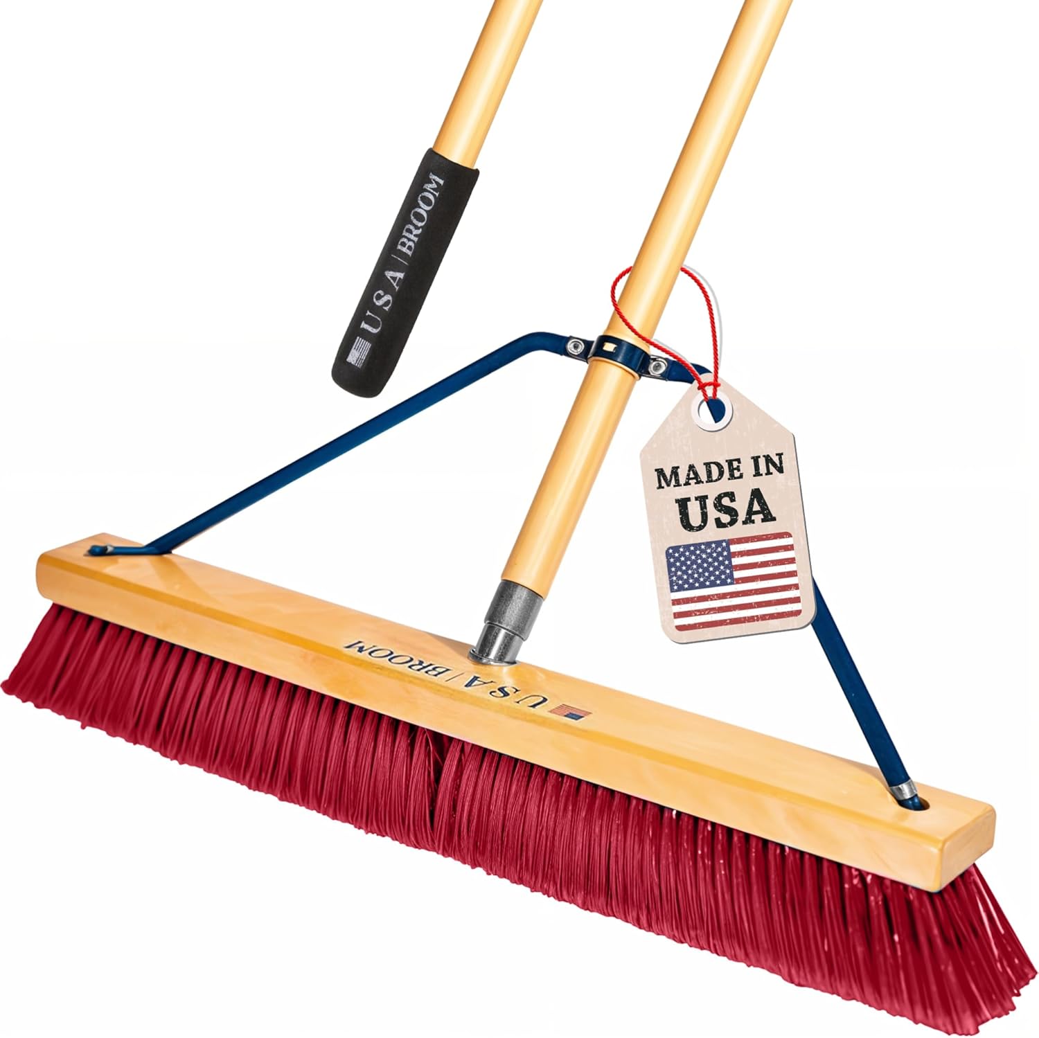 24" Red Everyday Sweep Indoor/Outdoor Push Broom with 60" Handle. Ideal for Garages & Shops. Durable American Made Steel Brackets-All Stainless Steel Hardware. No Plastic. 100% USA Made