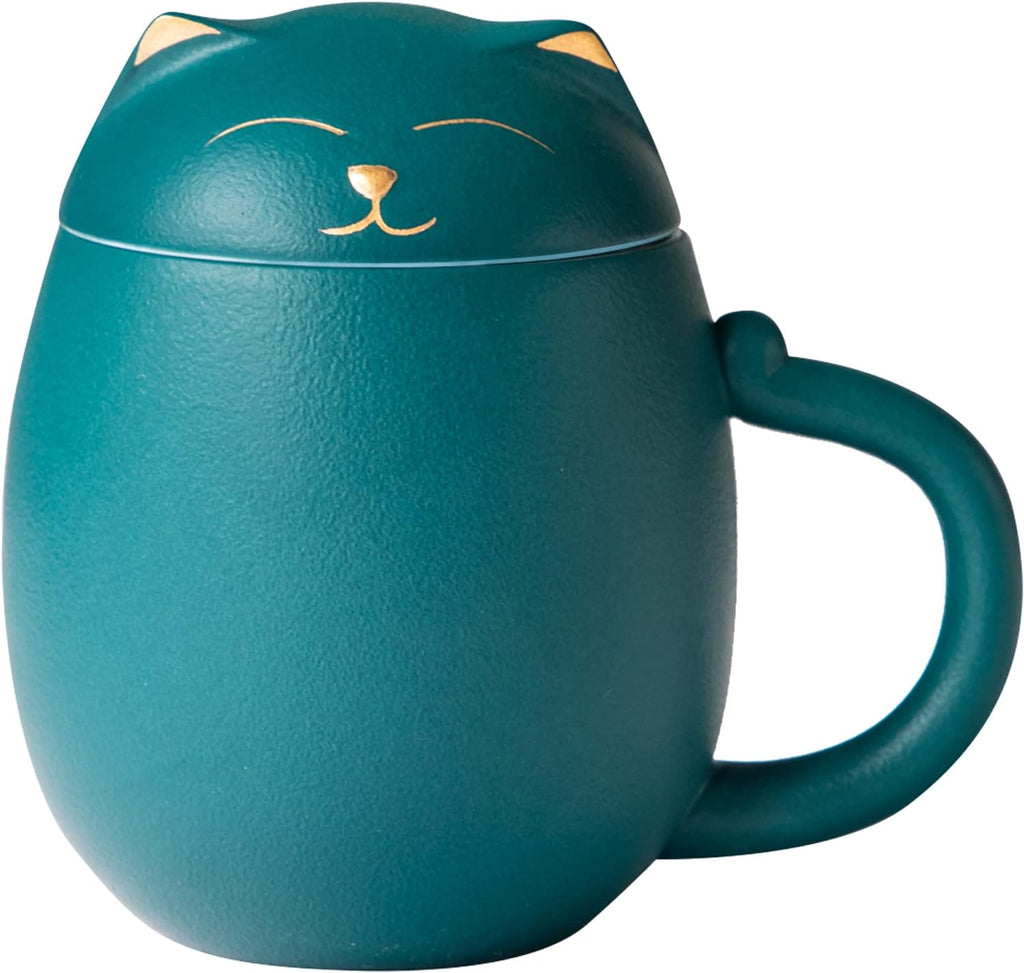 HEER Cat Tea Cup with Infuser and Lid - 13.5oz Ceramic Tea Mug - Cat Lover Gift for Friends Family. (Green)
