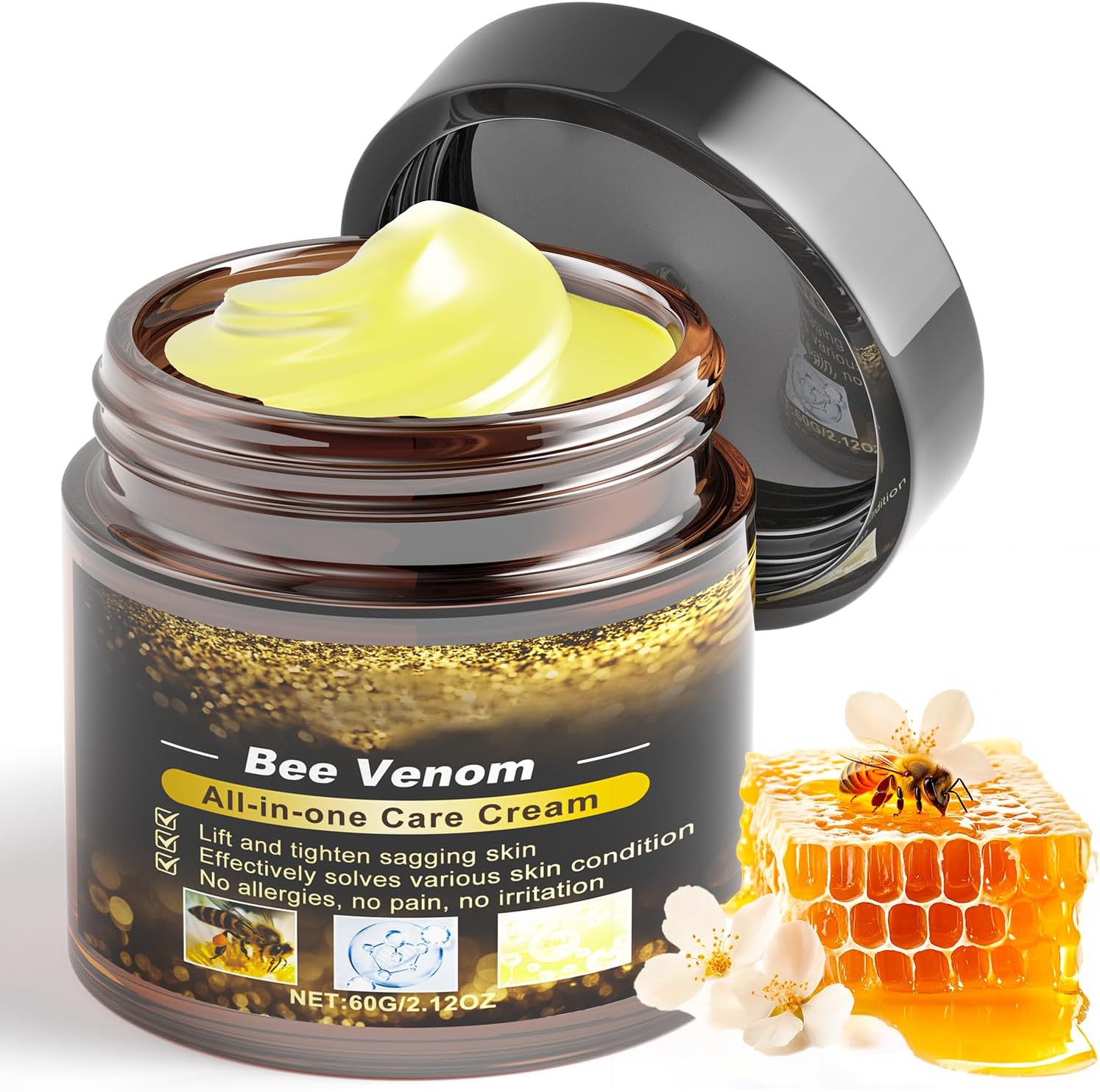 Bee Venom Cream, Anti Aging Treatment with Natural Ingredients, Bee Venom Skin Treatment Cream, Sensitive Skin Care for Back, Neck, Hands, Knee, 2.12OZ