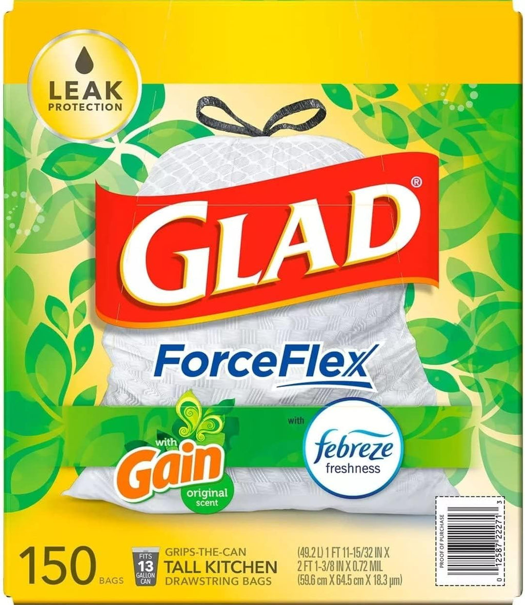 GLAD ForceFlex Tall Kitchen Drawstring White Trash Bags, Gain Original Scent with Febreze Freshness (13 gal, 150 ct.)