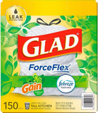 GLAD ForceFlex Tall Kitchen Drawstring White Trash Bags, Gain Original Scent with Febreze Freshness (13 gal, 150 ct.)