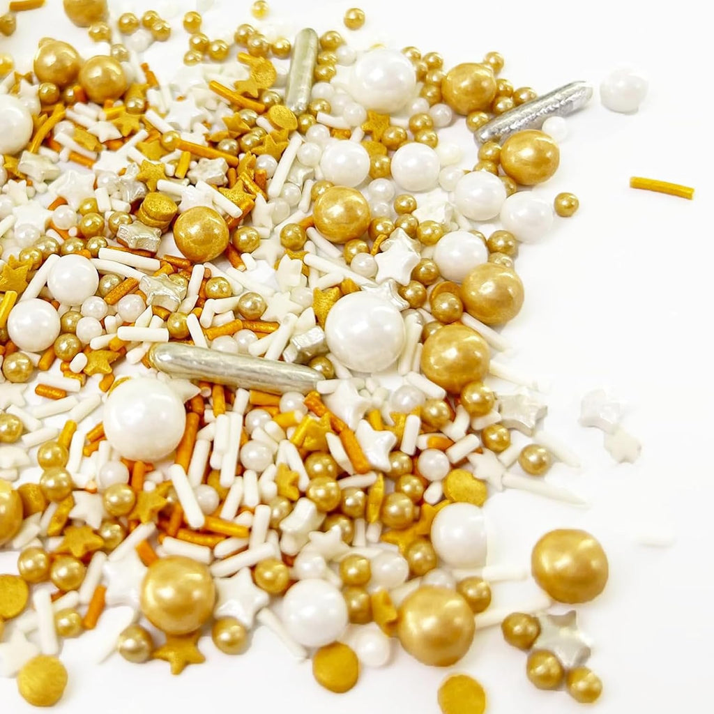 Gold and White Deluxe Sprinkles for Cake Decorating, 3.53oz Mixed Sizes and Shapes Pearl and Star Sugar Metallic Sprinkles for Parties, Weddings, School Graduation, Cookies, Candy, Ice Cream, Macarons and Cupcake Decorations