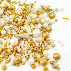 Gold and White Deluxe Sprinkles for Cake Decorating, 3.53oz Mixed Sizes and Shapes Pearl and Star Sugar Metallic Sprinkles for Parties, Weddings, School Graduation, Cookies, Candy, Ice Cream, Macarons and Cupcake Decorations
