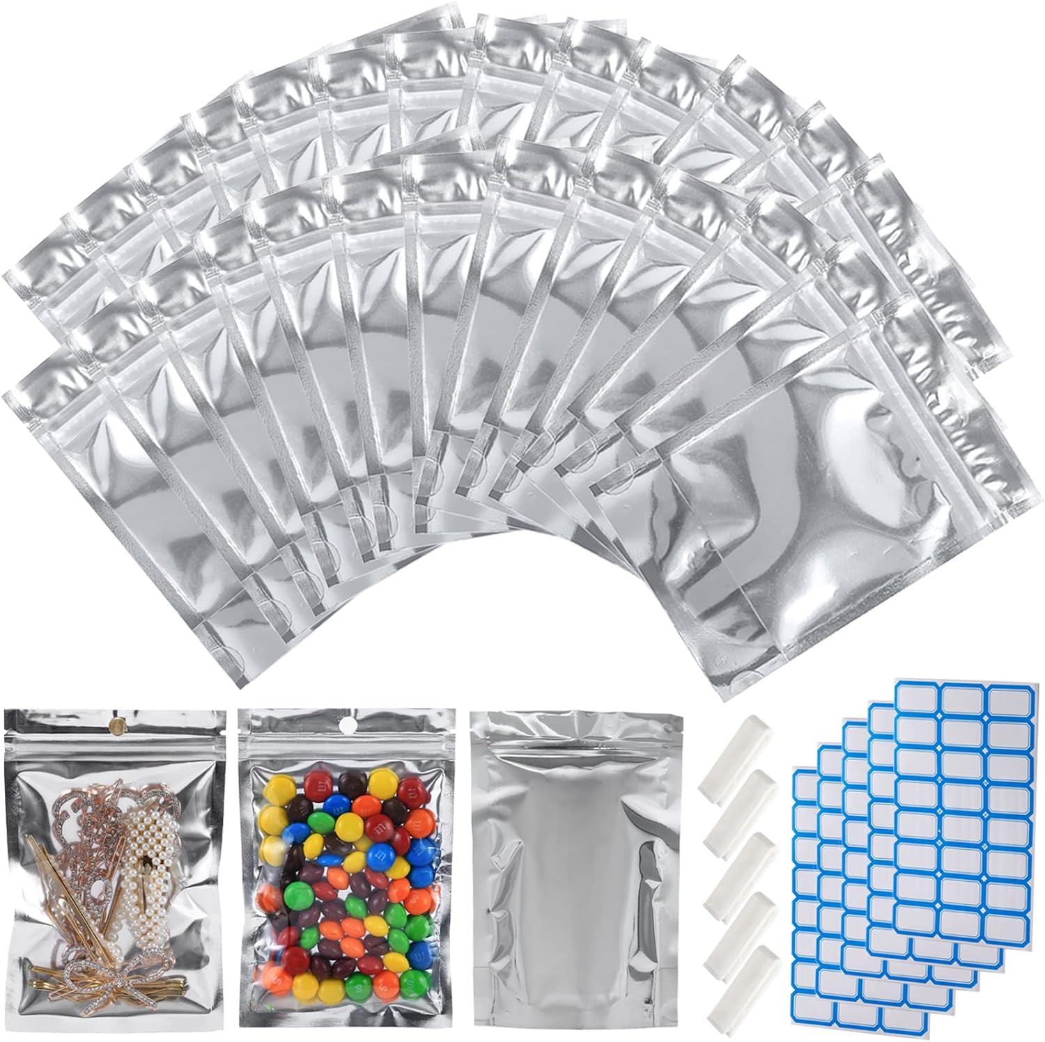 100-Pack Large Reclosable Mylar Bags for Food Storage 7" x 10" Stand Up Bags in Bulk 1 Quart Large Resealable Smell Proof Aluminum Foil Bags with Clear Window Kitchen Storage Edible Packaging