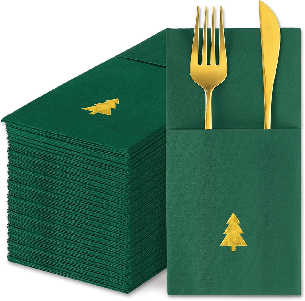 JarThenaAMCS 50 Pcs Christmas Linen Feel Napkin Xmas Tree Gold Foil Disposable Airlaid Paper Napkin Green Prefolded Dinner Napkins with Built-in Flatware Pocket for Winter Holiday Party Supplies