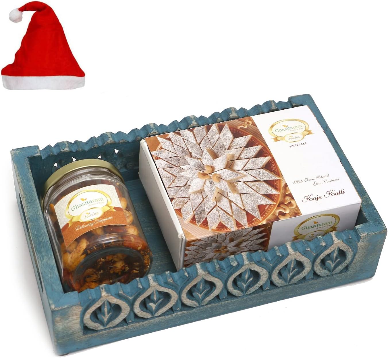 Jaiccha Ghasitaram Christmas Gifts Blue Wooden Tray with Kaju Katlis and Mix Dryfruits Jar