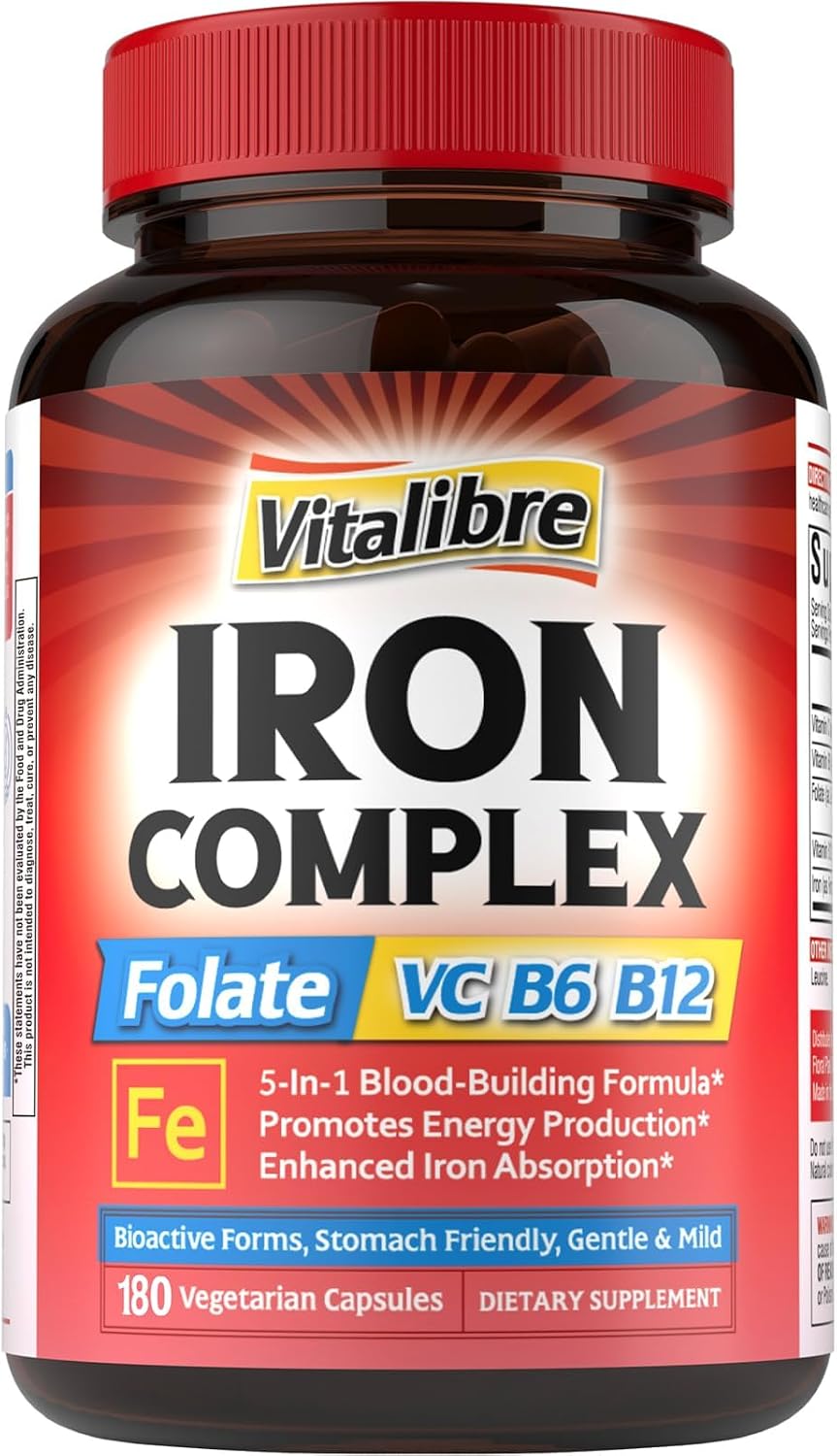 Iron Supplement for Women & Men, with Vitamins C, B6, B12 & Folate for Iron Deficiency, Blood Building & Energy Support, Stomach Friendly, Better Absorption, Non-GMO, No Gluten, 180 Vegan Caps