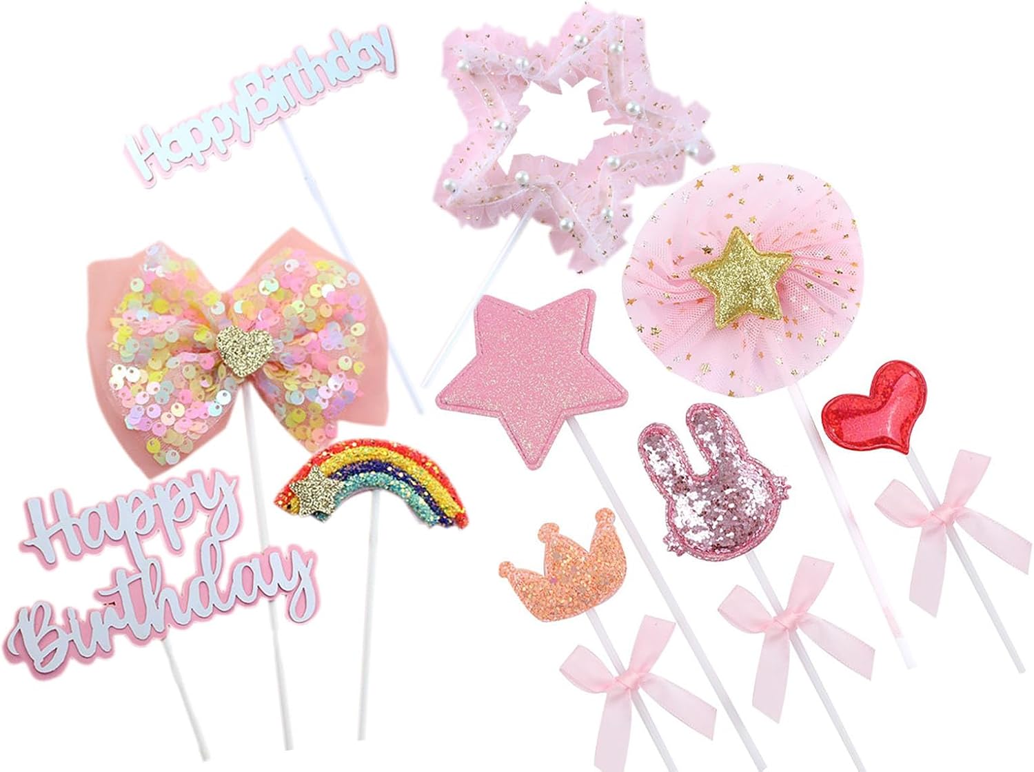 Pink Cake Topper 10pcs Heart Star Bowknot Shape Cake Decoration for Boys Girls WomenBirthday Baby Shower Party Anniversary (Pink Star and bowknot 10pcs)