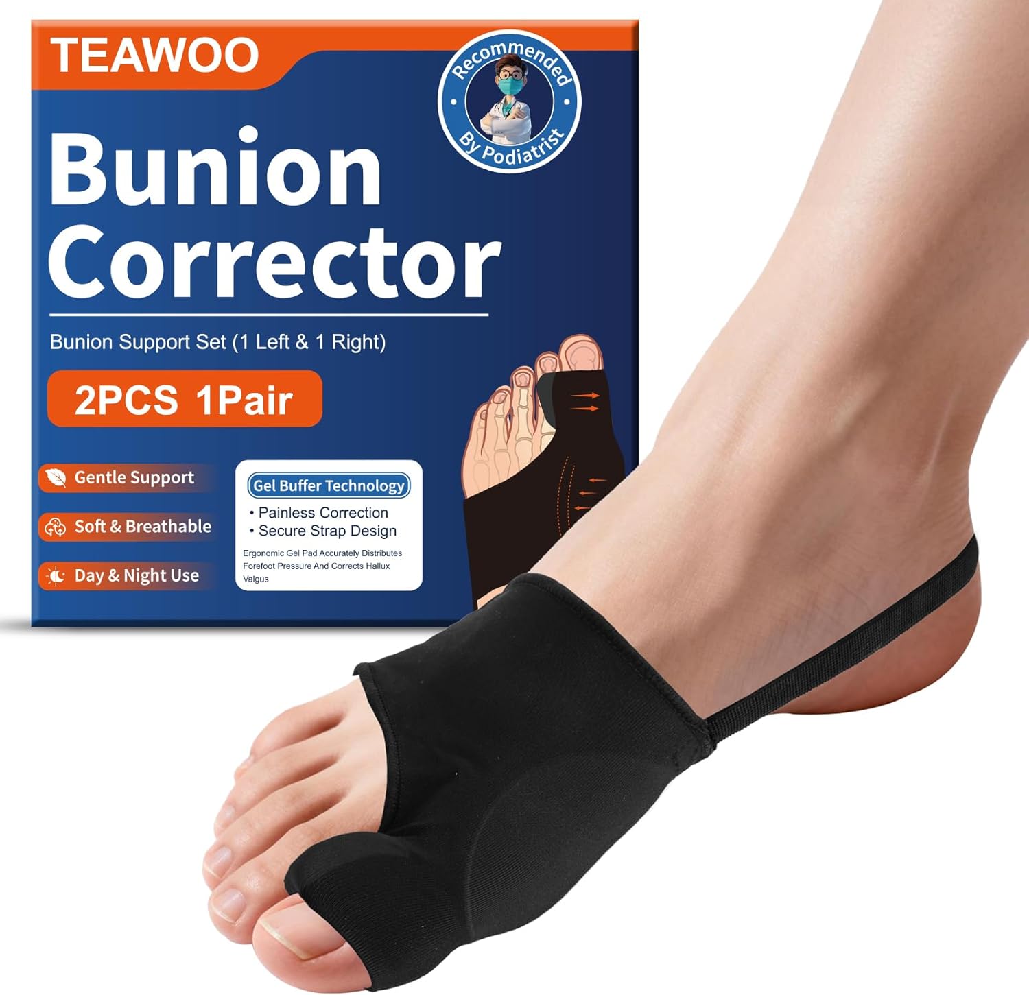 TEAWOO 2Pcs Bunion Corrector for Women & Men, Comfortable Big Toe Straightener with Pads & Splint, Hallux Valgus Pain Relief for Day & Night Support with Anti-slip Strap(1 Pair, Black)