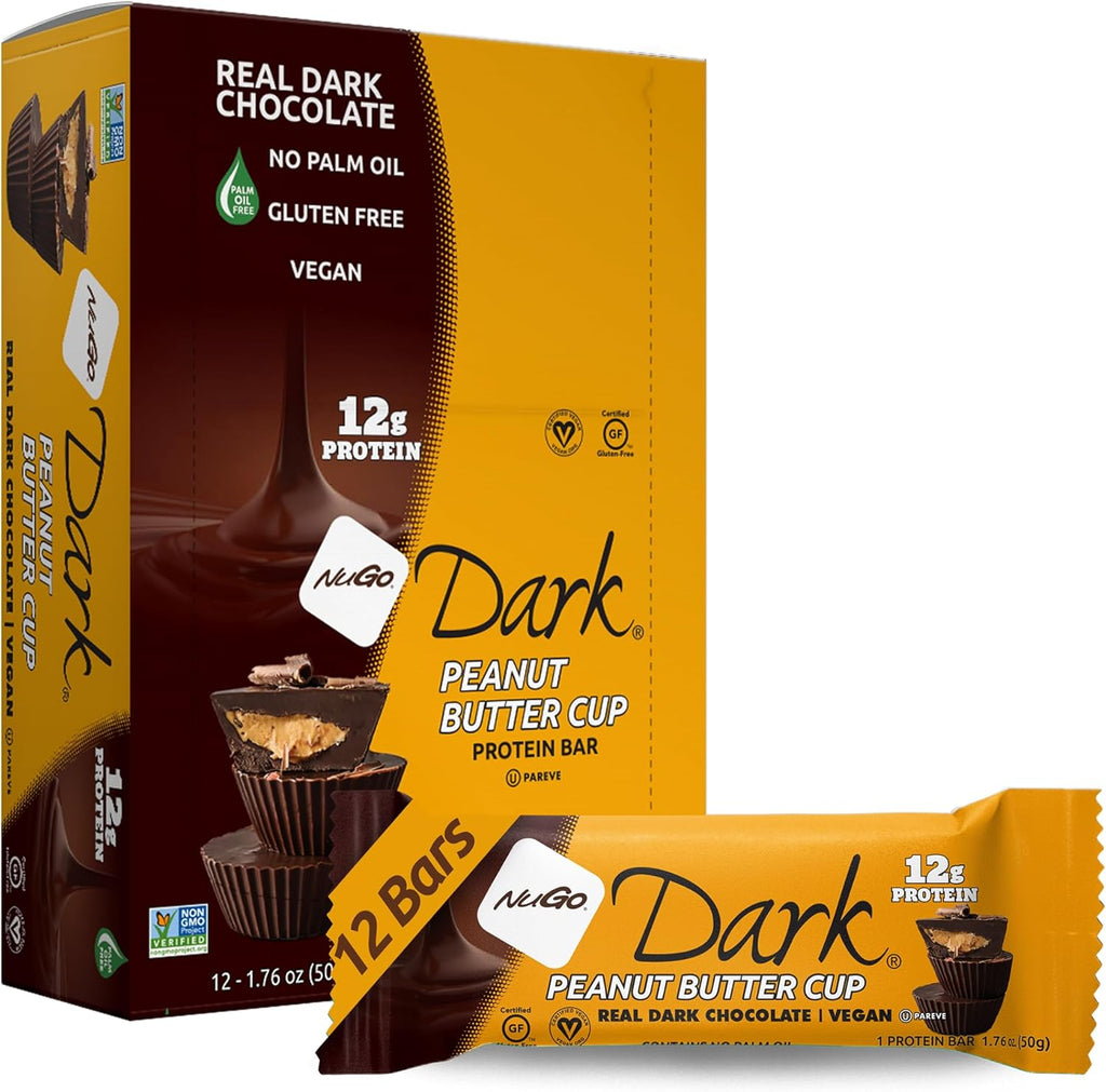 NuGo Dark Chocolate Peanut Butter Cup, 12g Protein Bar, Vegan, Gluten Free, Non-GMO, Kosher Pareve, 12 Count