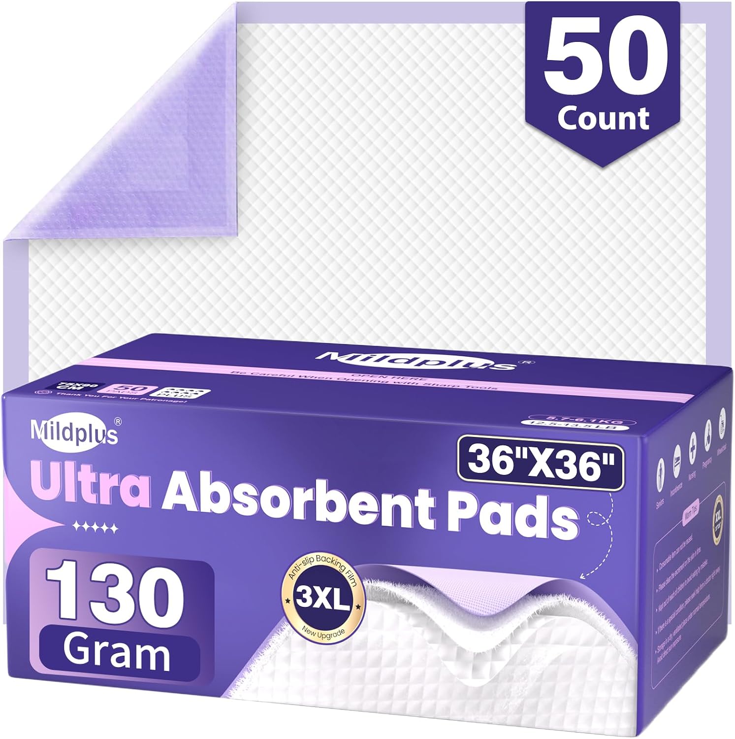 MILDPLUS Heavy Duty Underpad 36''x36'' 50 Count 130 Grams Extra Large Chucks Pads 3XL Disposable Bed Pads, Super Absorbent Incontinence Pads for Adults, Kids, Pee Pads (Purple)