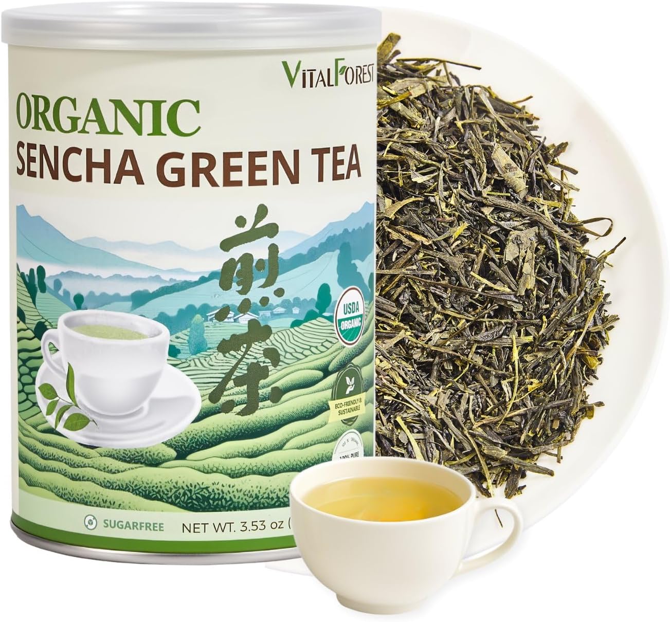 Organic Sencha Green Tea Loose Leaf – 3.53oz/100g, USDA Organic, Whole Leaf Green Tea, VitalForest Premium Steam-Fixed Green Tea, Mild Umami Taste