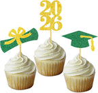 Graduation Cupcake Toppers Grad Party Decoration Food Picks Congrats Glitter Diploma Cap School Colors Supplies 24 PCS Green Gold