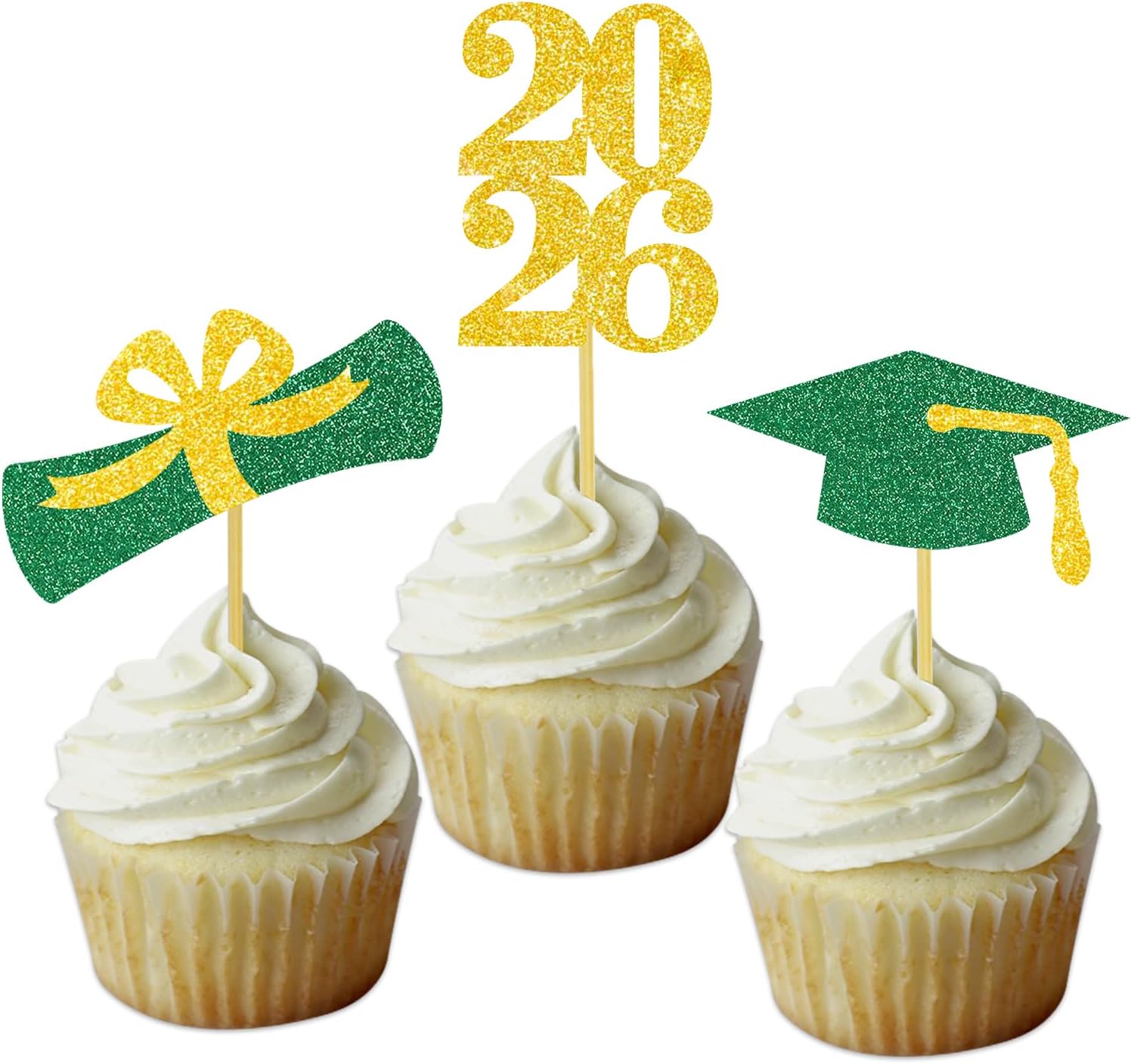 Graduation Cupcake Toppers Grad Party Decoration Food Picks Congrats Glitter Diploma Cap School Colors Supplies 24 PCS Green Gold