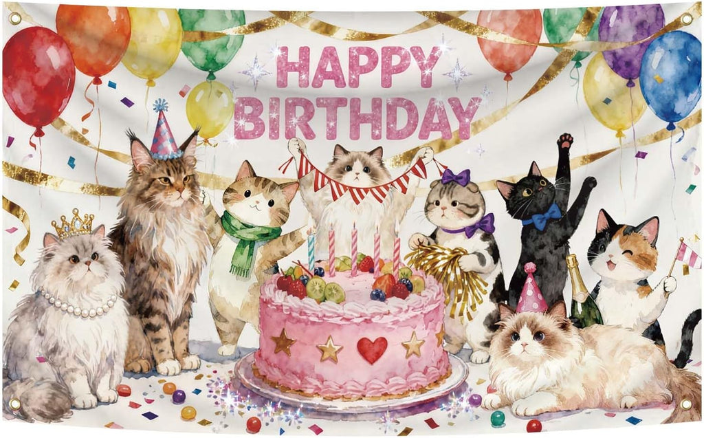 3X5FT Cat Birthday Decorations,Cat Theme Birthday Party Supplies Background Hanging Décor for Indoor Outdoor Home and Room Wall Decor (d1)