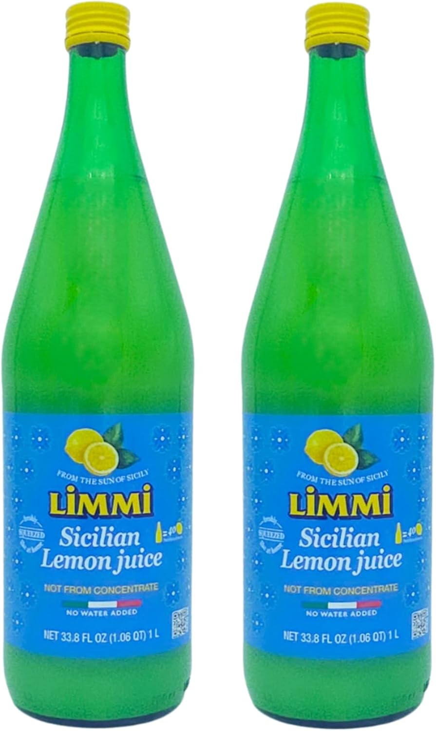 Limmi Sicilian Lemon Juice, 33.8 fl oz (1L) Glass Bottle | 100% Freshly Squeezed, Not from Concentrate | Authentic Italian Lemon Juice, Just Like Homemade [Pack of 2]