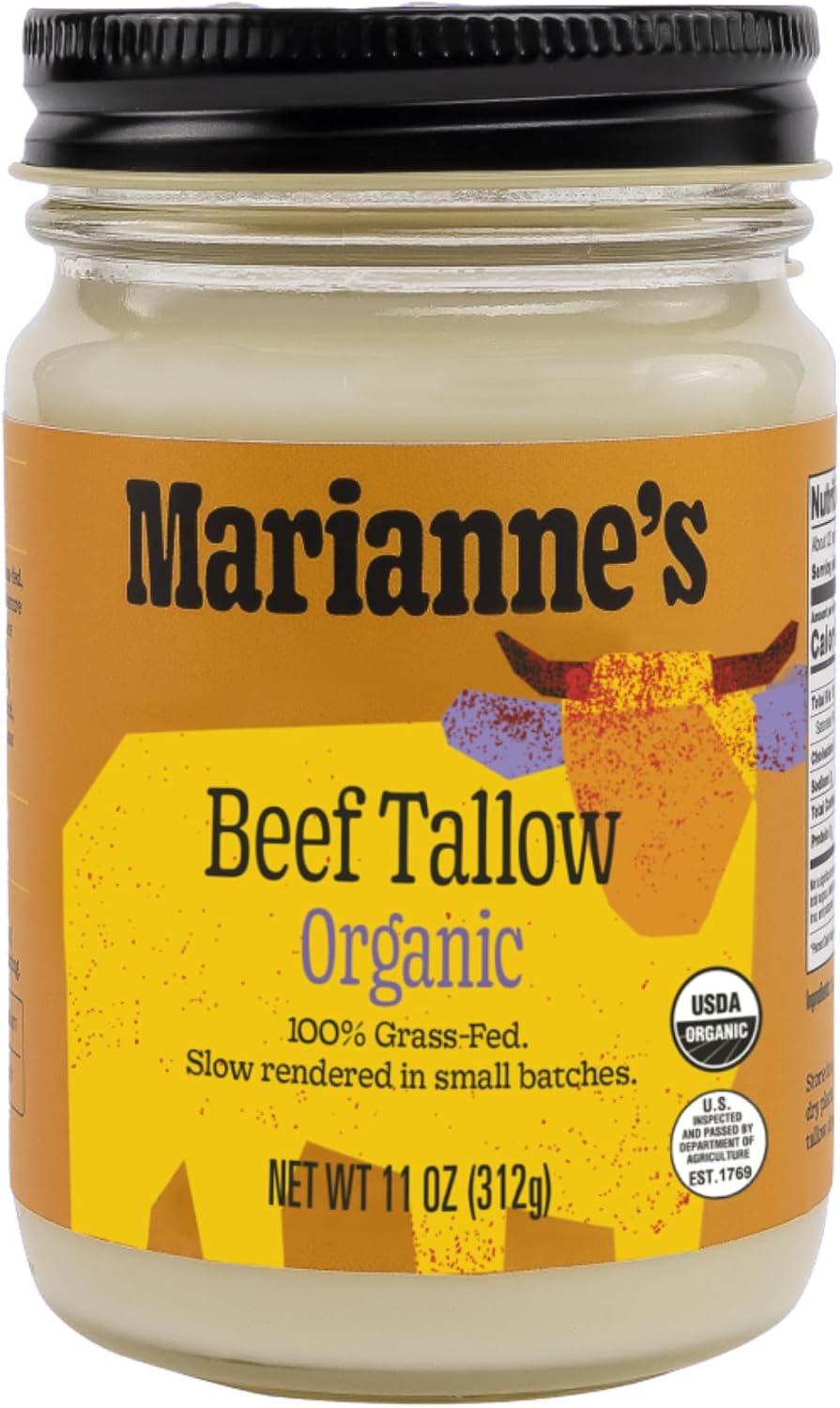 Marianne’s Organic Beef Tallow: 100% Grass-Fed Cooking Fat for Roasting, Frying & High-Heat Cooking, Rich Savory Flavor, Pasture-Raised USA Cattle, USDA Organic
