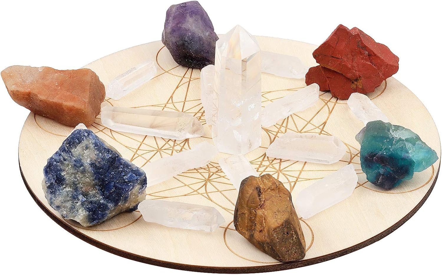 Amogeeli Metatron's Cube Sacred Geometry Wooden Crystal Grid Set with Chakra Stone, Wicca Yoga Meditation Decor