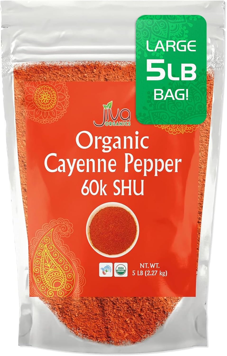 Jiva Organics Cayenne Pepper Powder Ground Chilli Pepper 5 LB Bulk Bag 60K SHU - Culinary, Hot, Non-GMO, All Natural Red Pepper Spice Powder