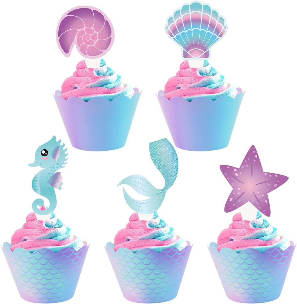 Mermaid Cupcake Toppers and Wrappers, 60 Pcs Reversible Scale Cupcake Liners Glitter Mermaid Cake Toppers for Themed Birthday Under The Sea Baby Shower Party Decoration Supplies