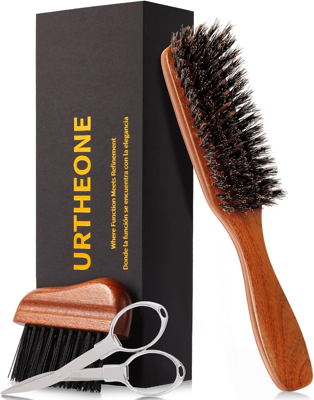 URTHEONE Premium Beard Brush Grooming Kit for Men - 100% Natural Boar Bristle Brush with Ergonomic Handle, Cleaning Brush & Folding Scissors - Complete Beard Care Set for Styling and Maintenance