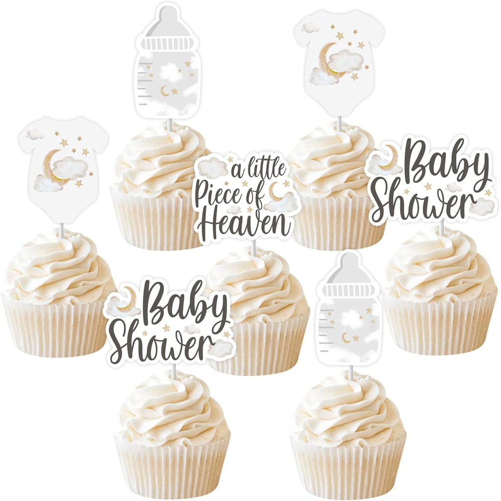 Sursurprise 24Pcs White A Little piece of Heaven Cupcake Toppers, Baby Shower Cupcake Pick Decorations, Heaven Sent Heavenly Party Suppliers