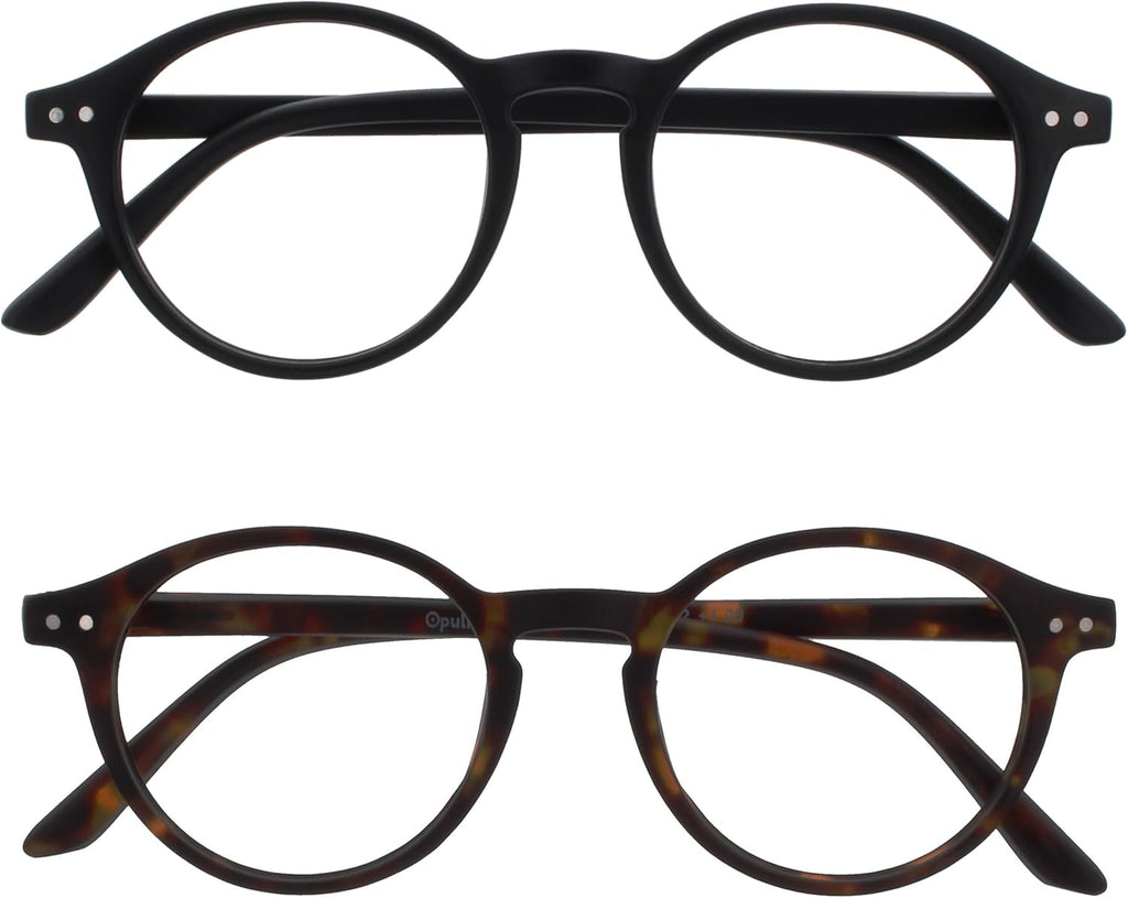 OPULIZE REY Reading Glasses for Women Men, Retro Round Frame with Spring Hinges, Matte Black, Brown Tortoiseshell +2.50 (Pack of 2)
