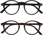 OPULIZE REY Reading Glasses for Women Men, Retro Round Frame with Spring Hinges, Matte Black, Brown Tortoiseshell +2.50 (Pack of 2)