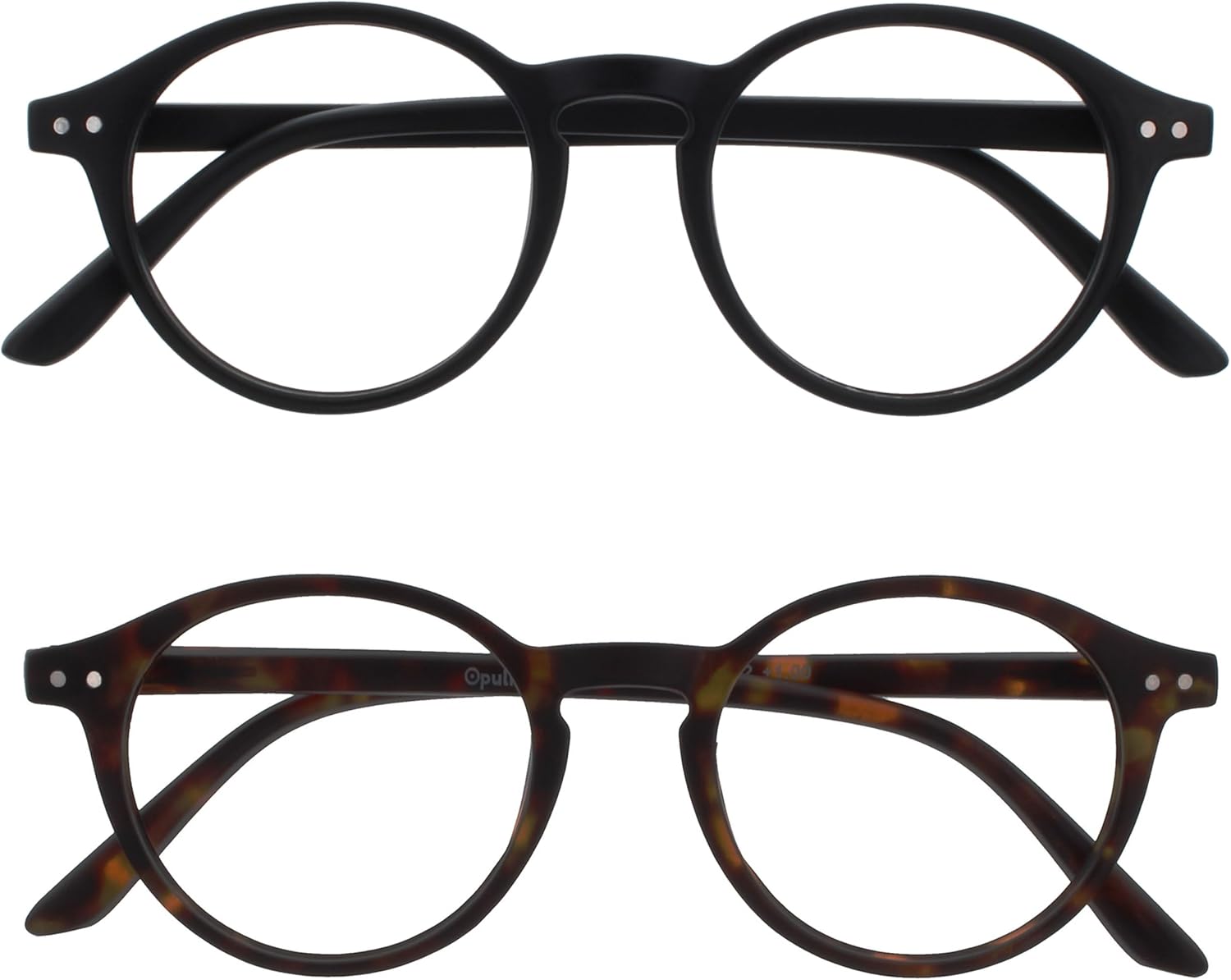 OPULIZE REY Reading Glasses for Women Men, Retro Round Frame with Spring Hinges, Matte Black, Brown Tortoiseshell +2.50 (Pack of 2)