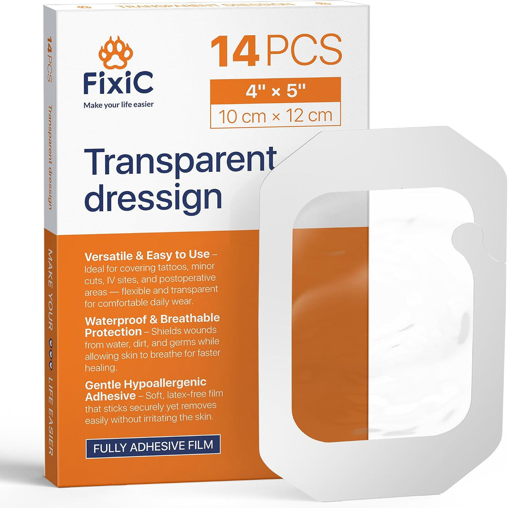Fixic Transparent Film Dressing - 14 PCS 4 x 5 in - Large Waterproof Bandages for Swimming, Showering, Post Surgical - Perfect as Tattoo Aftercare Bandage - Premium Waterproof Tape for Skin!