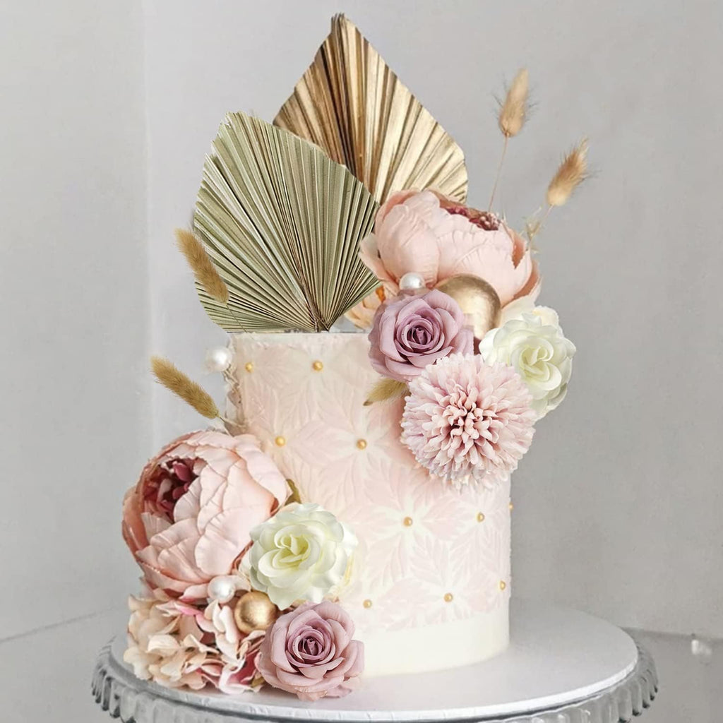 32 PCS Boho Cake Topper Flower Palm Leaves Cake Decorations for Bohemian Wedding Baby Shower Birthday Party Supplies (Boho)