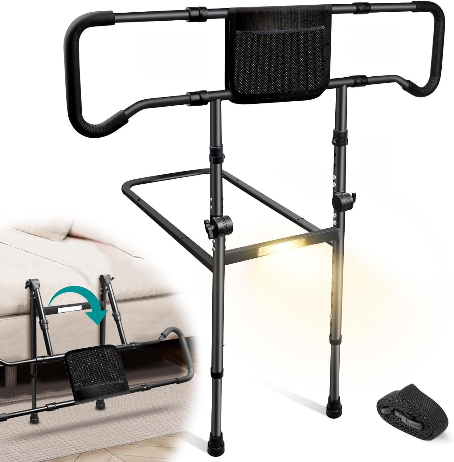 AMOVO Bed Rails for Elderly Adults Safety - Foldable Bed Assist Rails for Seniors Bed Side Grab Bar with Sensor Light, Adjustable Bedside Railing Safety Guard Rail Cane (ASTM F3186–17 Certified)